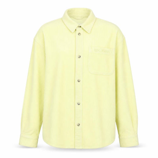Front view of BDG women’s yellow corduroy button-up shirt, size S, long sleeve casual