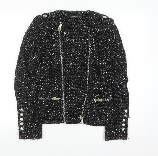 Zara Women Black Tweed Biker Jacket Size 12 with Zip Detail