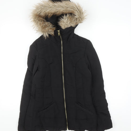 H&M Women's Black Faux Fur Hooded Puffer Jacket Size 6