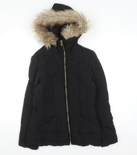 H&M Women's Black Faux Fur Hooded Puffer Jacket Size 6