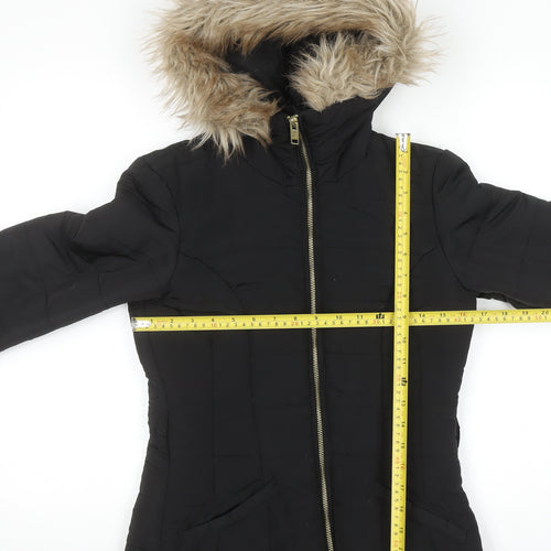 H&M Women's Black Faux Fur Hooded Puffer Jacket Size 6