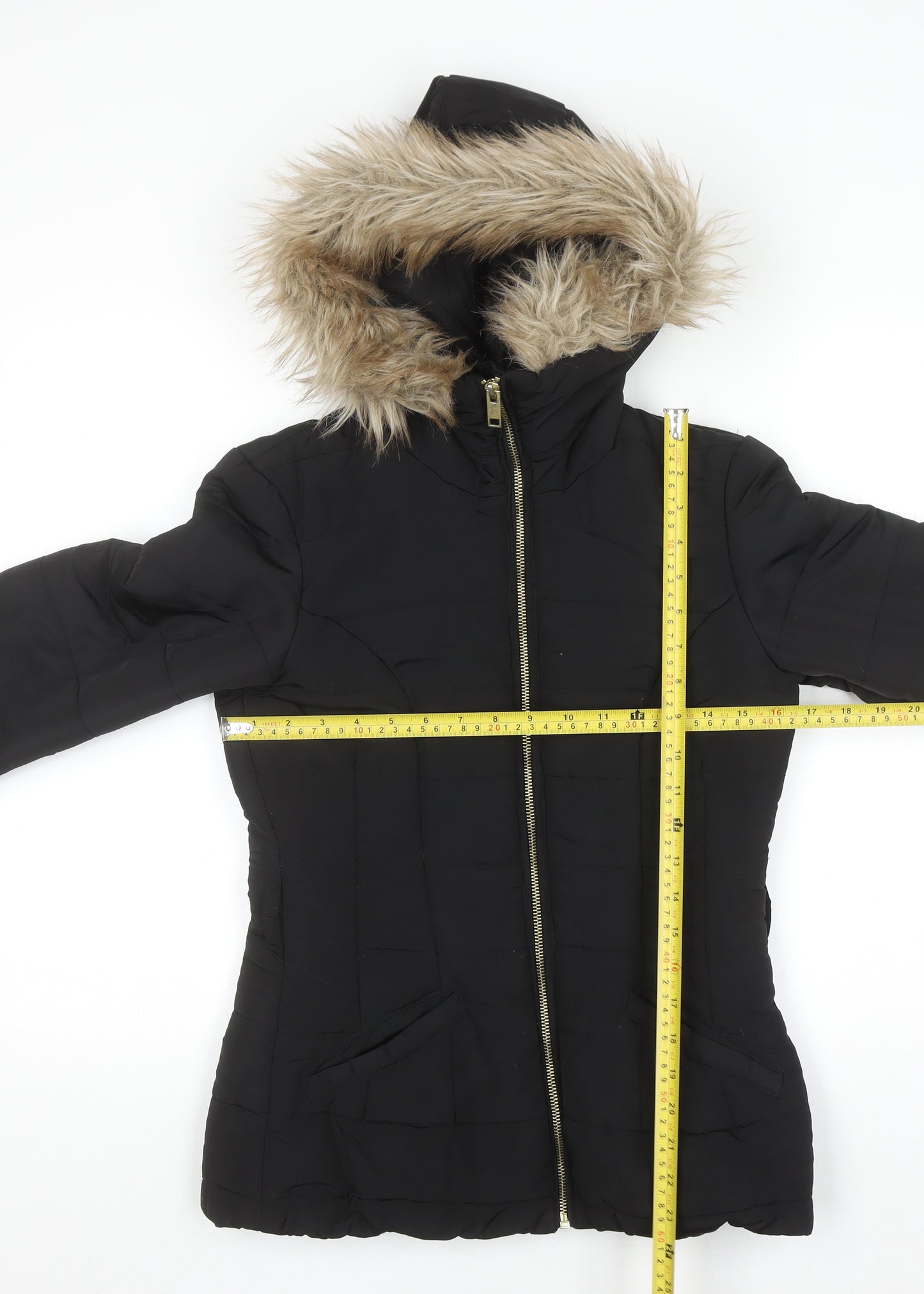 H&M Women's Black Faux Fur Hooded Puffer Jacket Size 6