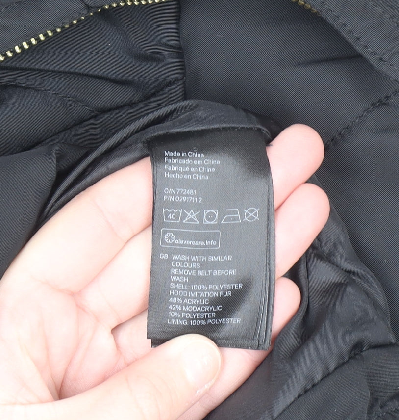 H&M Women's Black Faux Fur Hooded Puffer Jacket Size 6