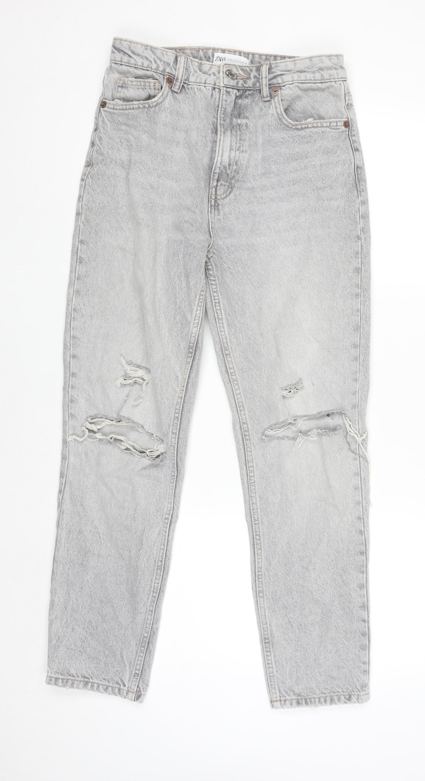 Zara Women Grey Distressed Mom Jeans Size 8 Relaxed Fit Denim