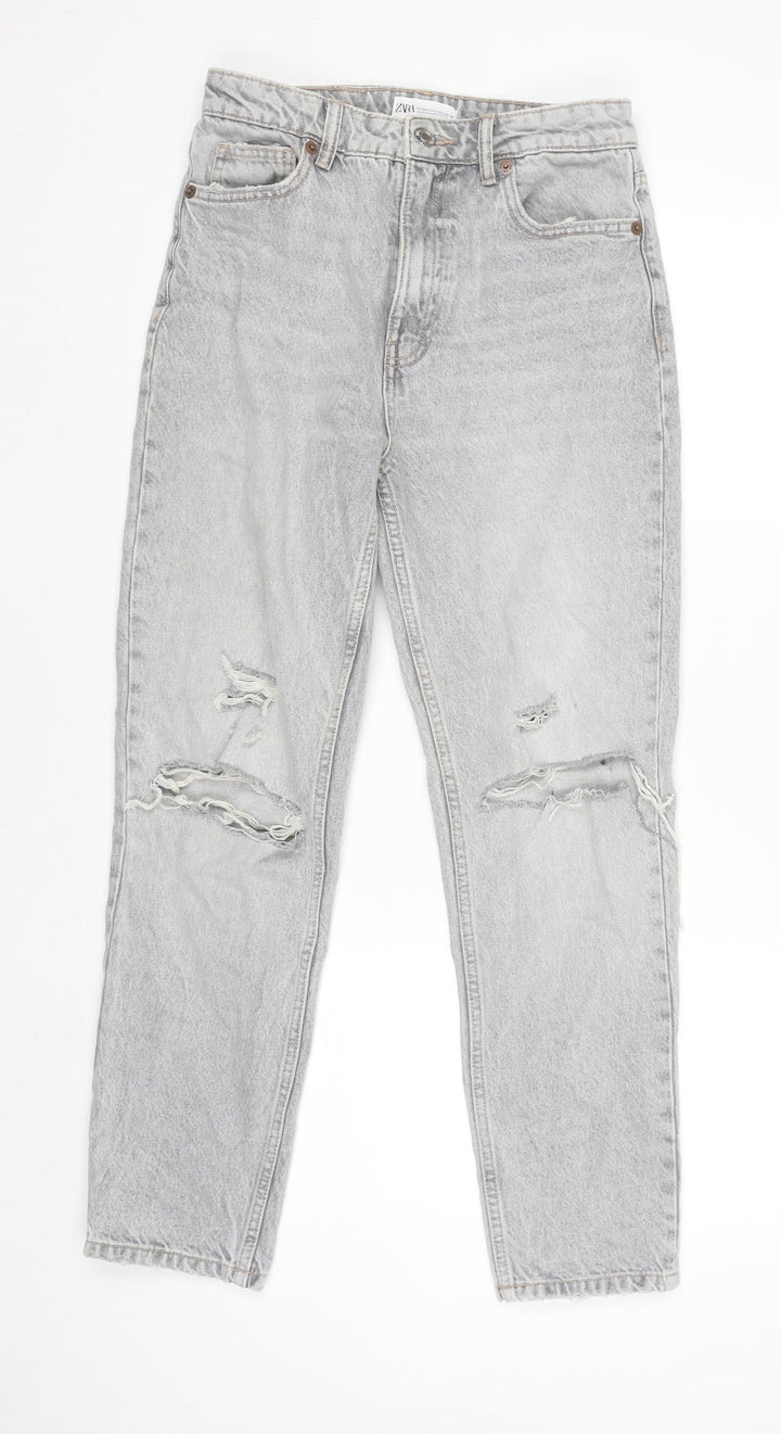 Zara Women Grey Distressed Mom Jeans Size 8 Relaxed Fit Denim