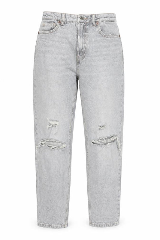 Front view of Zara Women Grey Distressed Mom Jeans, size 8, Relaxed Fit Denim