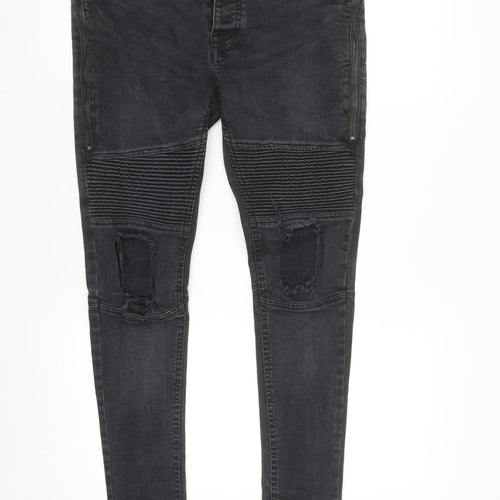 Brave Soul Men's Black Distressed Skinny Jeans 32R with Zip Detail