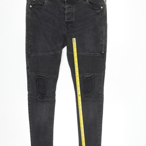 Brave Soul Men's Black Distressed Skinny Jeans 32R with Zip Detail