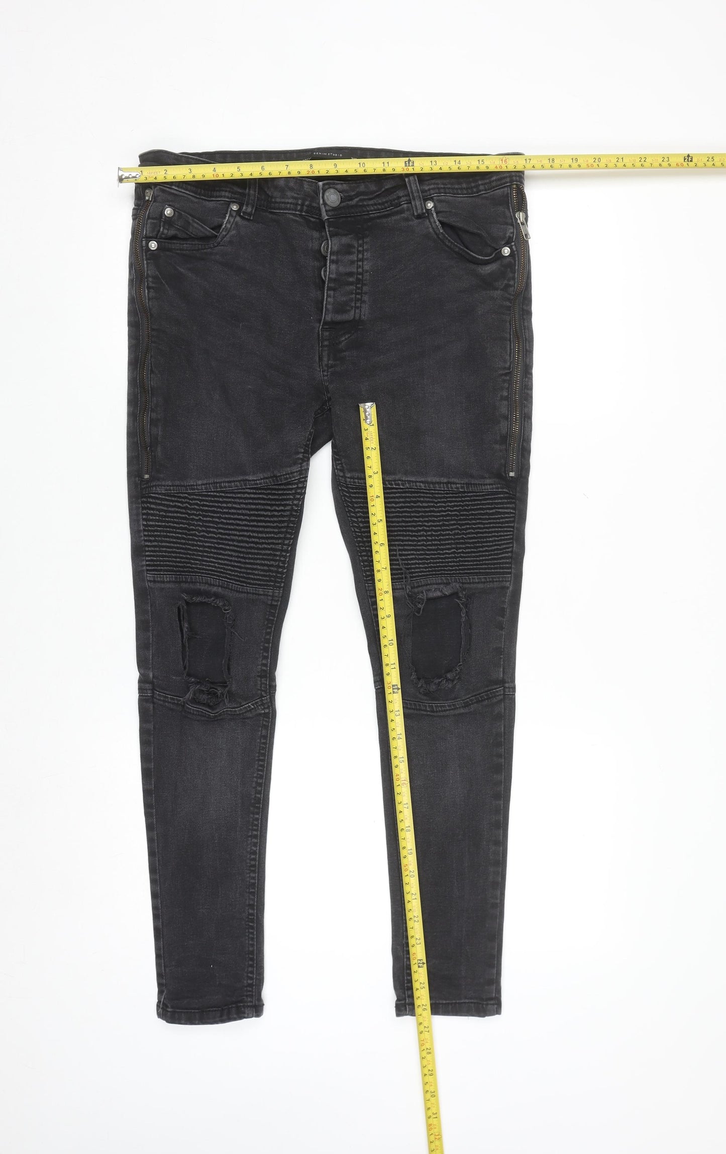 Brave Soul Men's Black Distressed Skinny Jeans 32R with Zip Detail