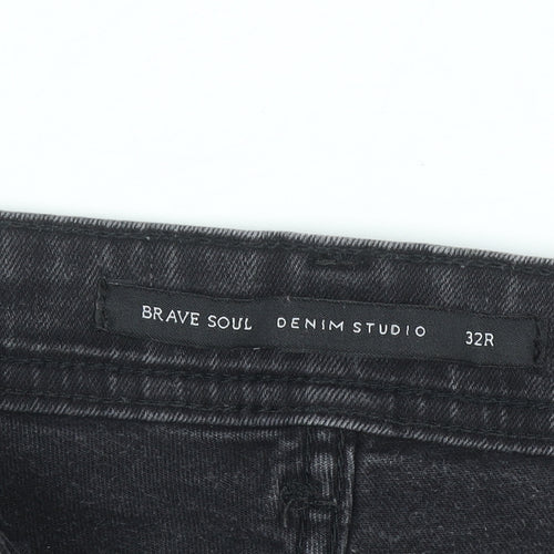 Brave Soul Men's Black Distressed Skinny Jeans 32R with Zip Detail