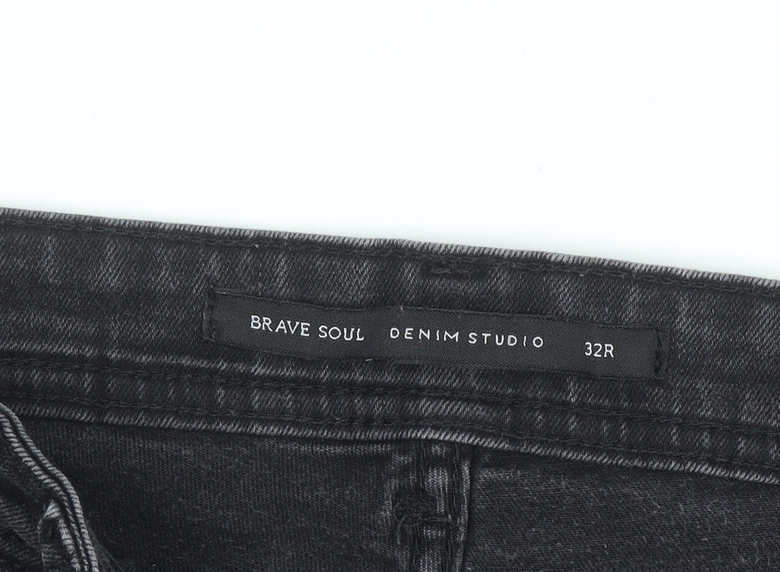 Brave Soul Men's Black Distressed Skinny Jeans 32R with Zip Detail