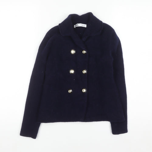 Zara Women's Blue Wool Pea Coat Jacket Size 12 Double-Breasted
