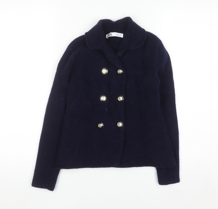 Zara Women's Blue Wool Pea Coat Jacket Size 12 Double-Breasted