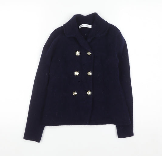 Zara Women's Blue Wool Pea Coat Jacket Size 12 Double-Breasted