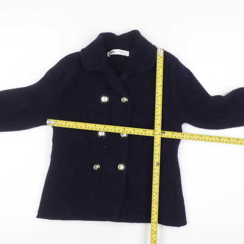 Zara Women's Blue Wool Pea Coat Jacket Size 12 Double-Breasted