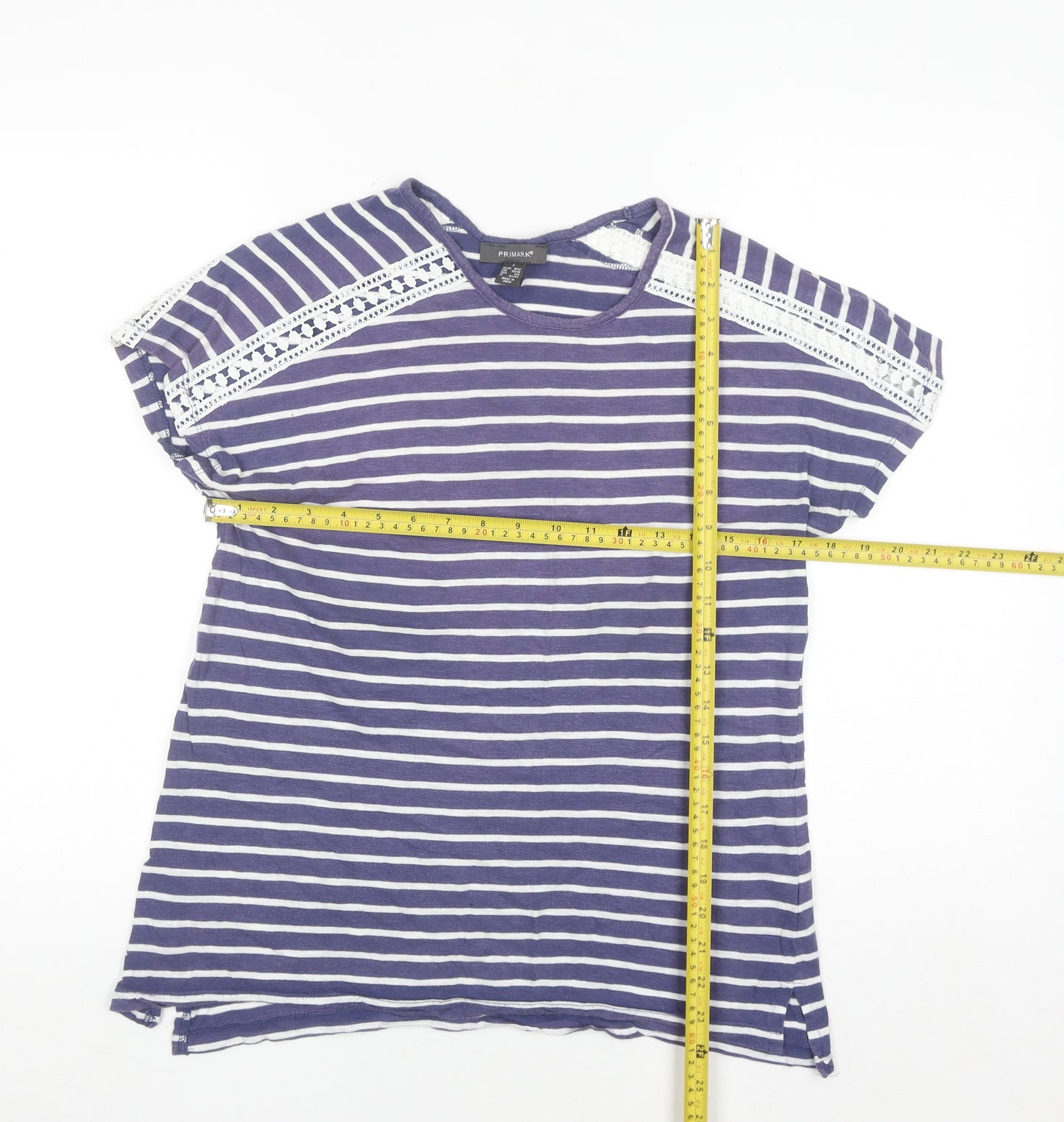 Primark Women’s Blue Striped Lace Shoulder Cotton T-Shirt Size 10