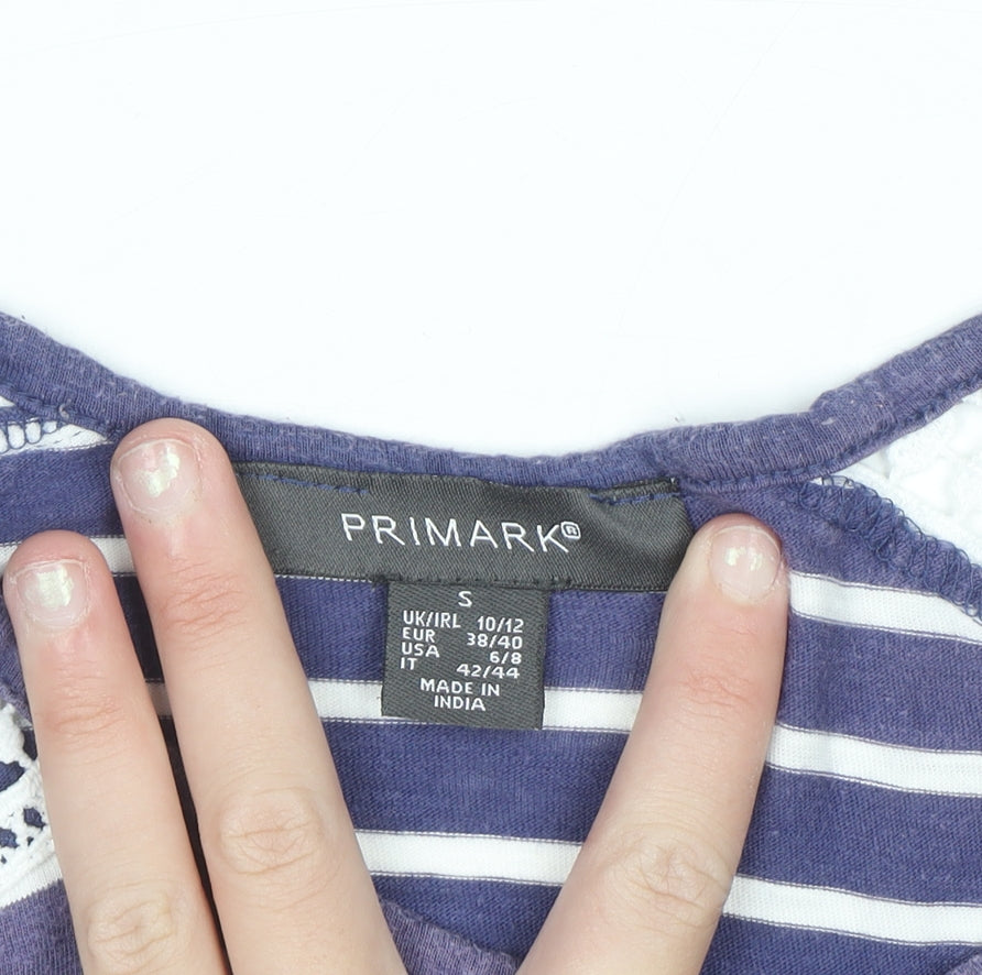 Primark Women’s Blue Striped Lace Shoulder Cotton T-Shirt Size 10