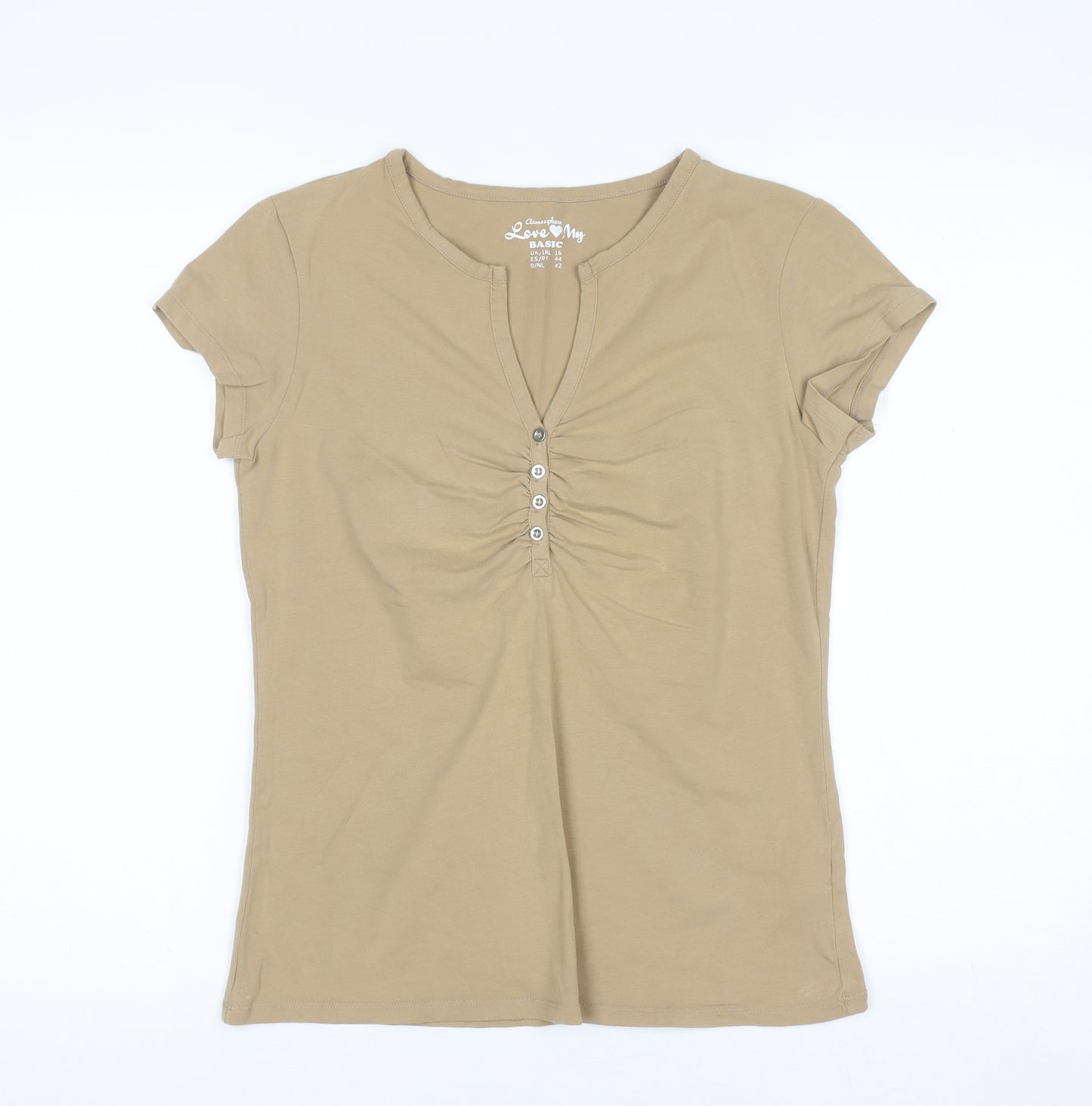 Atmosphere Women Beige Basic Short Sleeve Henley T-Shirt Size 16