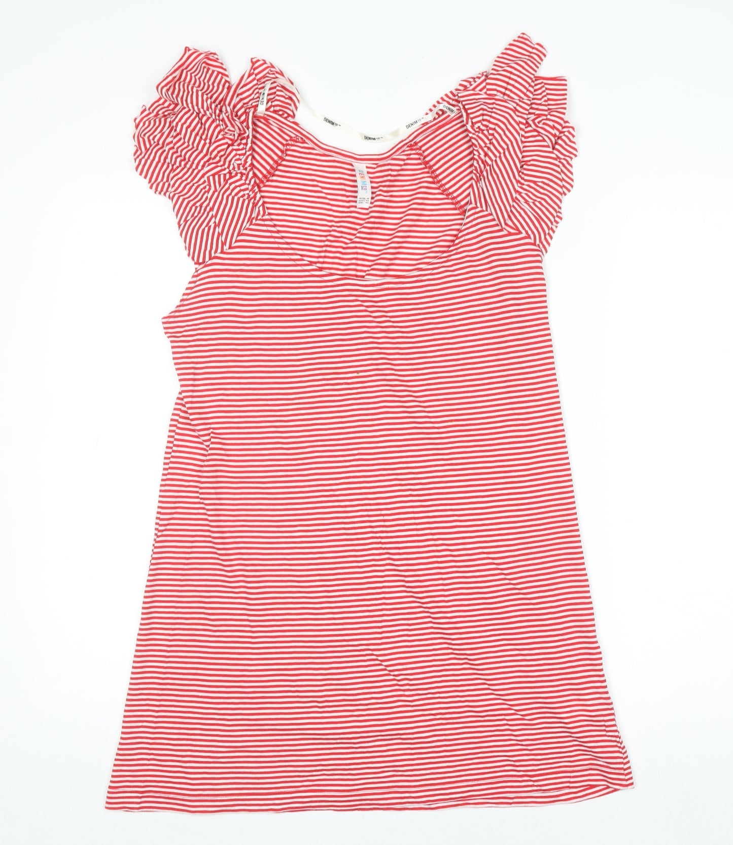 Denim Co Womens Red Striped Ruffle Sleeve Cotton T-Shirt Size 14