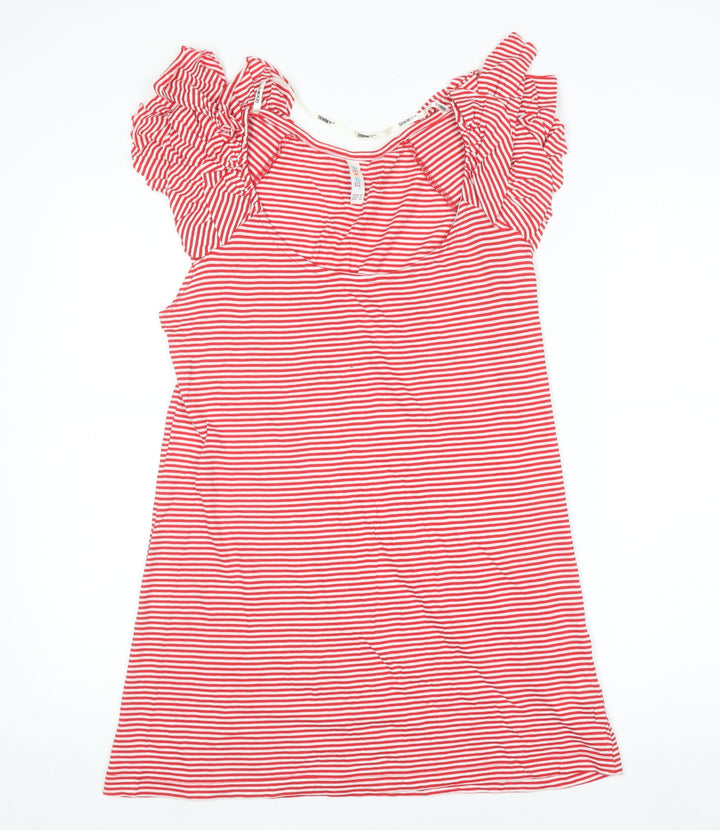 Denim Co Womens Red Striped Ruffle Sleeve Cotton T-Shirt Size 14