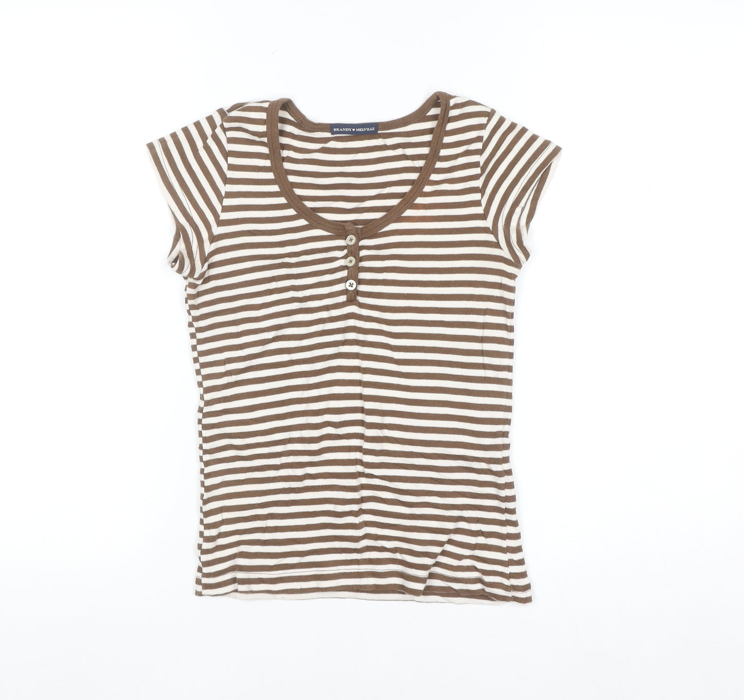 Brandy Melville Women’s Brown Striped Scoop Neck Cotton T-Shirt One Size