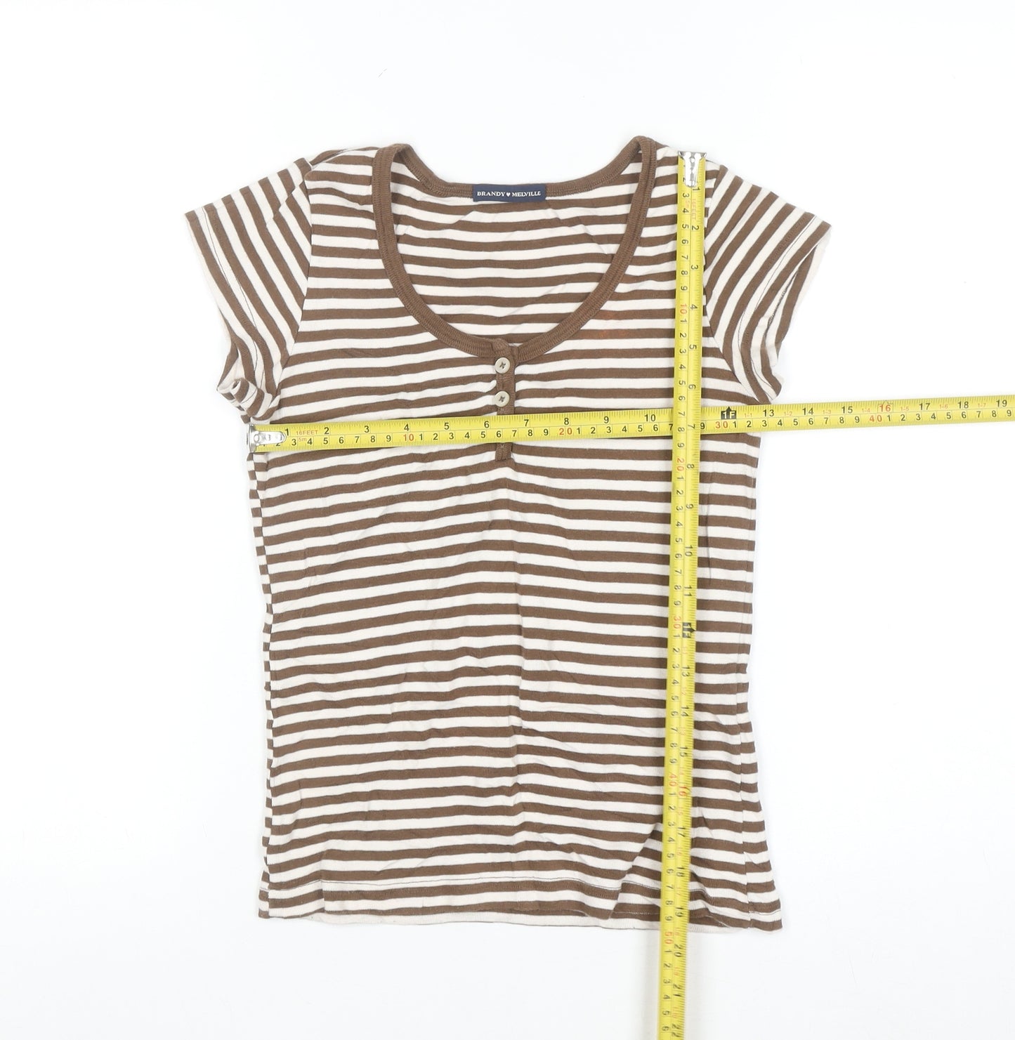 Brandy Melville Women’s Brown Striped Scoop Neck Cotton T-Shirt One Size
