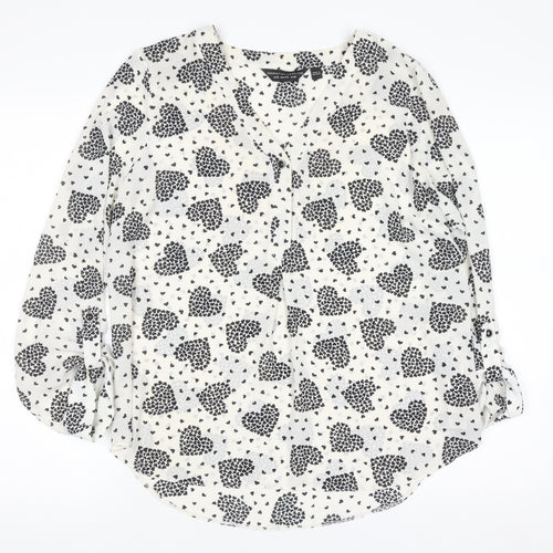 Dorothy Perkins Women White Heart Print Long Sleeve V-Neck Blouse Size 12