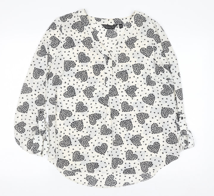 Dorothy Perkins Women White Heart Print Long Sleeve V-Neck Blouse Size 12