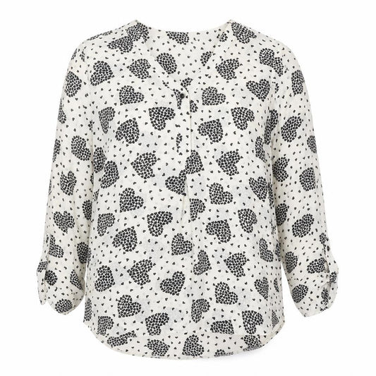Front view of Dorothy Perkins Women White Heart Print Long Sleeve V-Neck Blouse, size 12