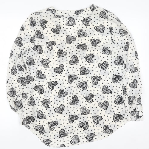 Dorothy Perkins Women White Heart Print Long Sleeve V-Neck Blouse Size 12