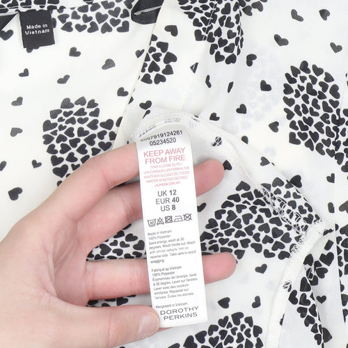 Dorothy Perkins Women White Heart Print Long Sleeve V-Neck Blouse Size 12