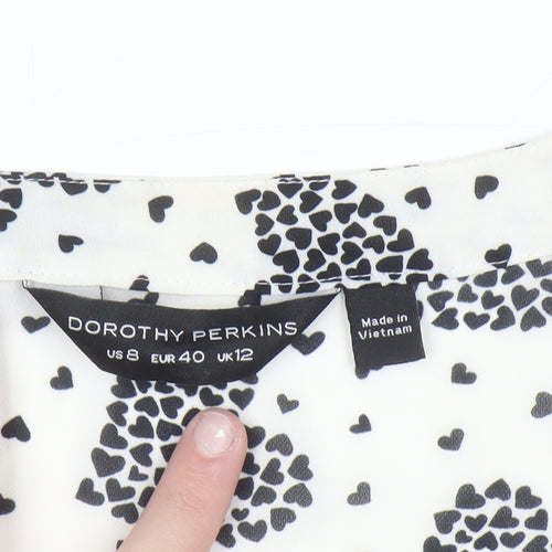 Dorothy Perkins Women White Heart Print Long Sleeve V-Neck Blouse Size 12