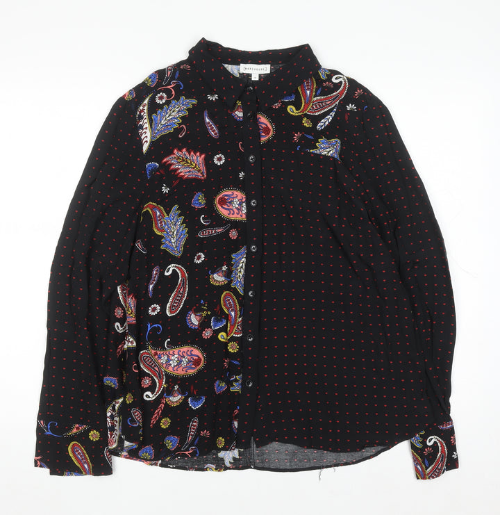 Warehouse Women's Black Paisley Long Sleeve Button-Up Shirt Size 14