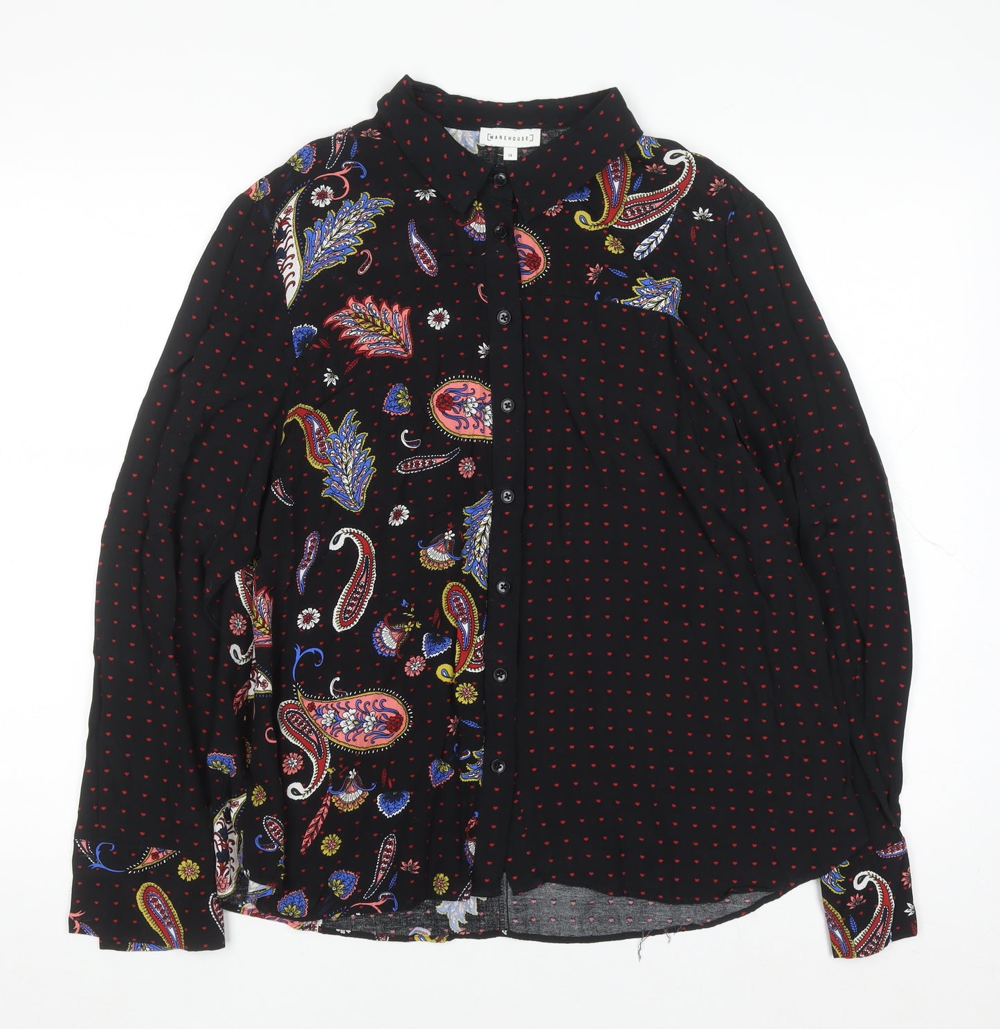 Warehouse Women's Black Paisley Long Sleeve Button-Up Shirt Size 14