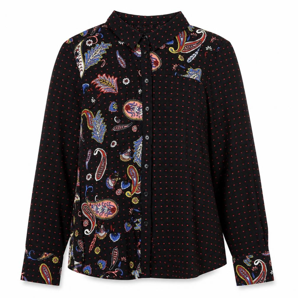 Front view of Warehouse Women's Black Paisley Long Sleeve Button-Up Shirt, size 14