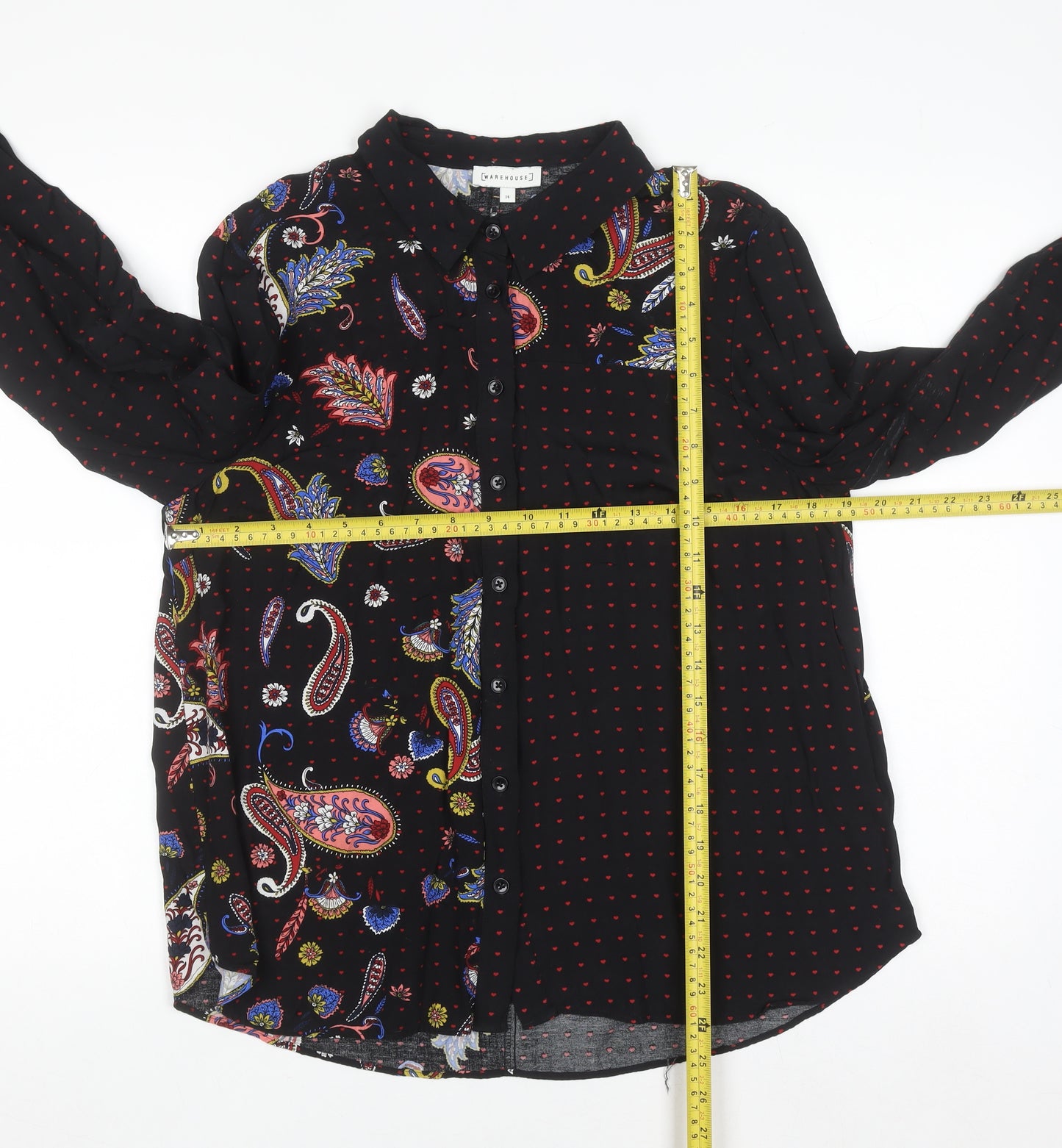 Warehouse Women's Black Paisley Long Sleeve Button-Up Shirt Size 14