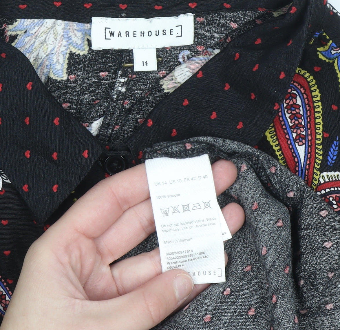 Warehouse Women's Black Paisley Long Sleeve Button-Up Shirt Size 14
