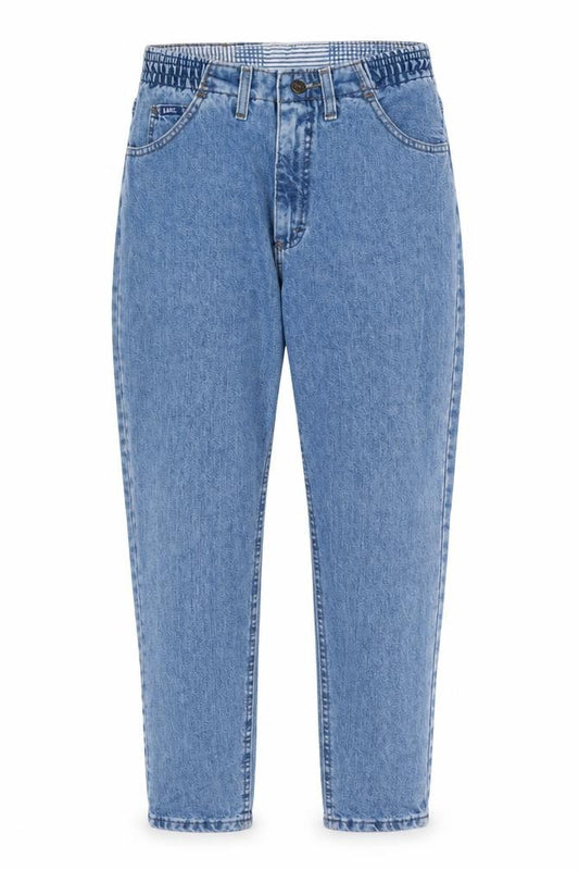 Front view of Lee Women's Blue High Rise Mom Jeans, size 6, Relaxed Fit Denim