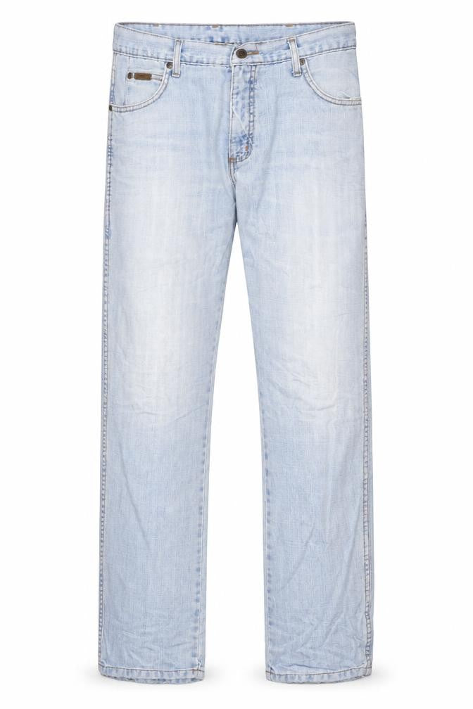 Front view of Wrangler Men’s Blue 34x32 Regular Fit Light Wash Straight Jeans