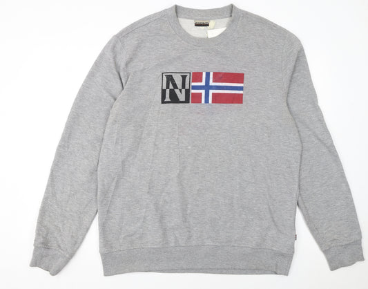 Napapijri Men's Grey XL Crew Neck Sweatshirt with Logo Print