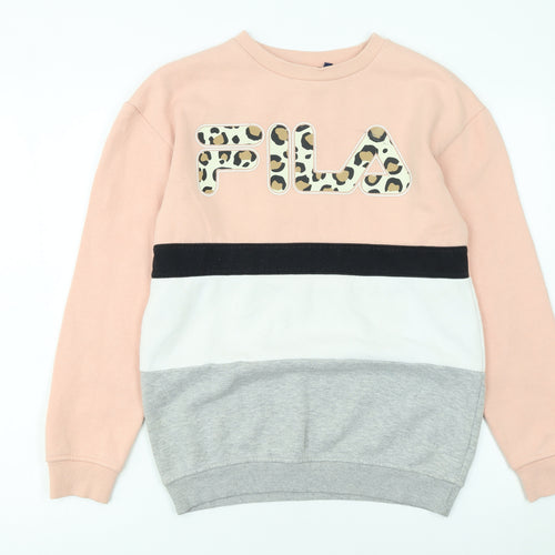 FILA Womens Pink Colourblock Leopard Logo Pullover Sweatshirt S