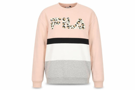 Front view of Fila women’s pink colourblock leopard logo pullover sweatshirt s