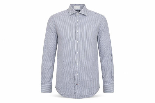 Front view of Tommy Hilfiger Men's Blue Striped Slim Fit Button-Up Shirt, size 15.75