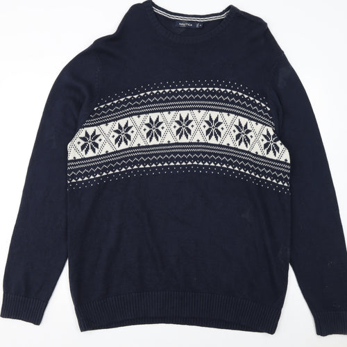 Nautica Men's Blue Fair Isle Cotton Crew Neck Jumper XL