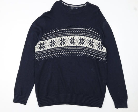 Nautica Men's Blue Fair Isle Cotton Crew Neck Jumper XL