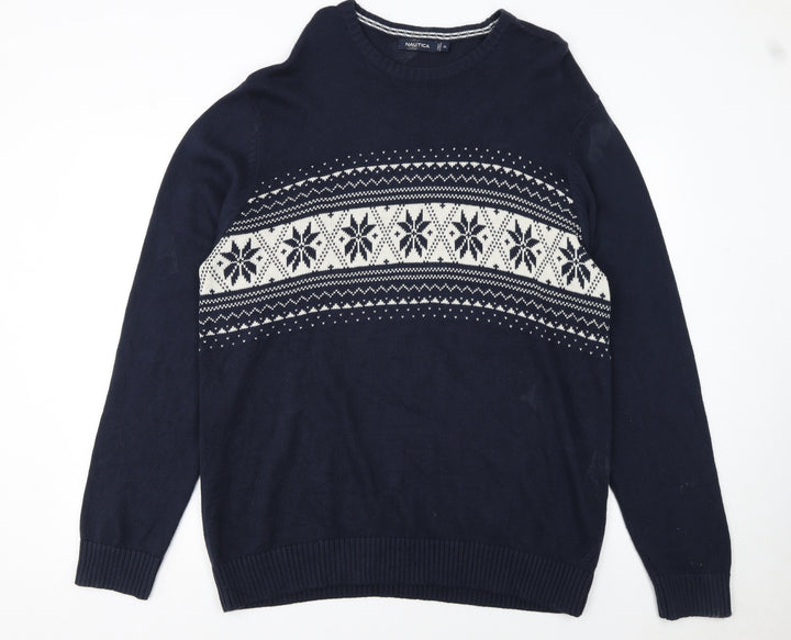 Nautica Men's Blue Fair Isle Cotton Crew Neck Jumper XL