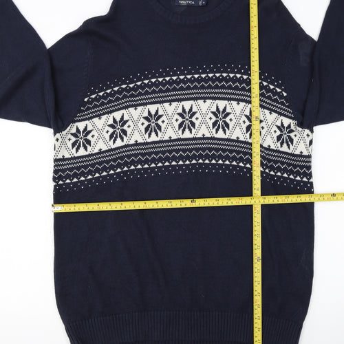 Nautica Men's Blue Fair Isle Cotton Crew Neck Jumper XL