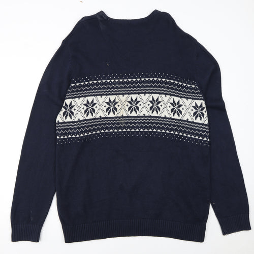 Nautica Men's Blue Fair Isle Cotton Crew Neck Jumper XL