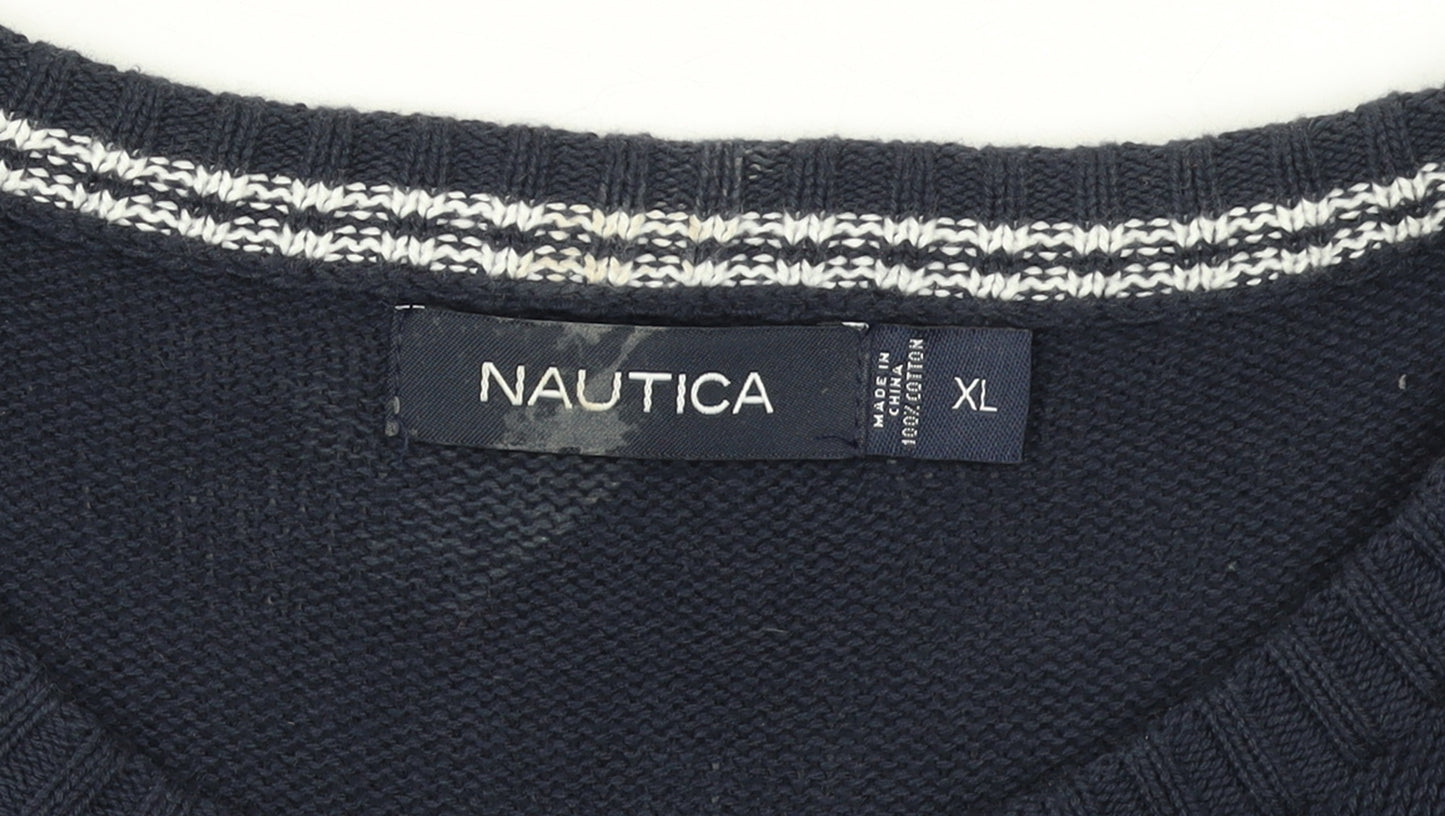 Nautica Men's Blue Fair Isle Cotton Crew Neck Jumper XL