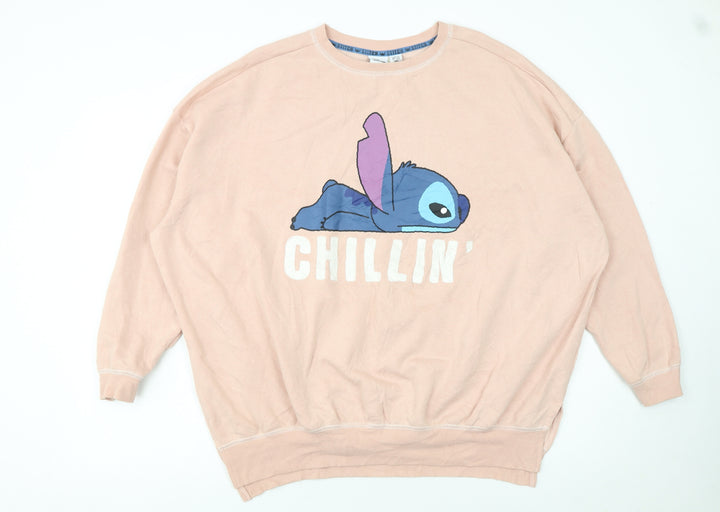 Disney Women Pink Stitch Chillin' Sweatshirt L Relaxed Fit Pullover